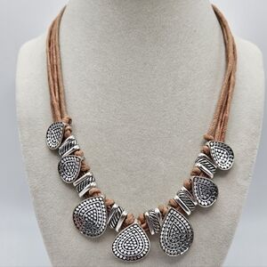 VINTAGE Silver Tone Multi Pendant Brown Cord Chain Necklace